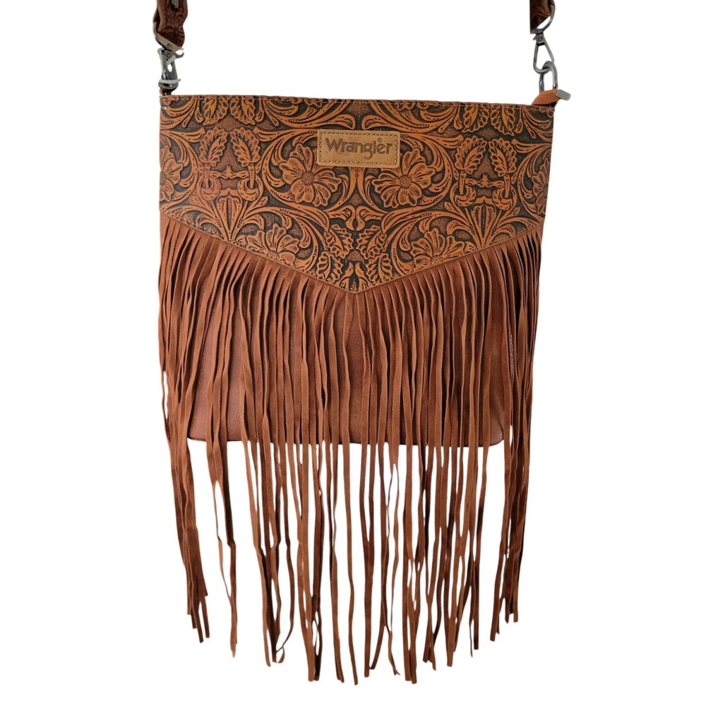 Wrangler Western Tooled Fringe Crossbody Bag Brown Floral Boho Messenger Purse